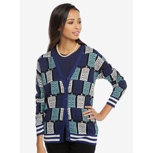 Hot Topic BBC Doctor Who Tardis Cardigan Sweater Sz‎ SM Blue Graphic Varsity